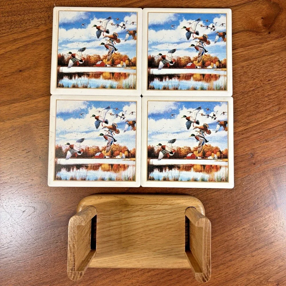 AbsorbaStone Duck Coasters Cork Back Thirsty with Wooden Oak Holder EUC